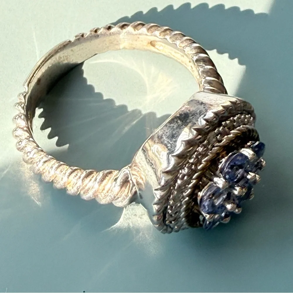 Genuine silver and seven-stone tanzanite ring, size 6 3/4